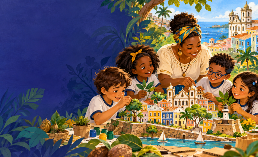 Ilustração criada com IA: crianças descobrindo Salvador, cultura e natureza.