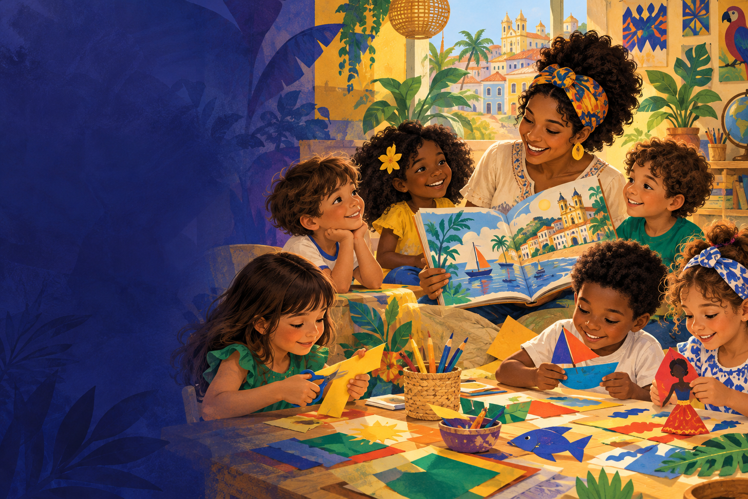 Ilustração de leitura e arte com referências à Bahia